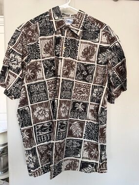 reyn spooner Brown and Black Tropical Panel Print Camp Shirt